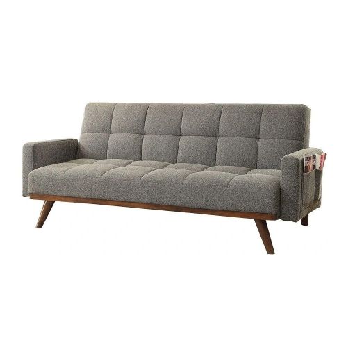 Futon Sofa Gray Color Converts into Bed Tufted Linen Fabric Angled Wooden Legs Side Pockets 1pc Sofa