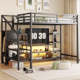 Full Size Metal Loft Bed with TV Stand, Metal Loft Bed with Staircase and Wardrobe, Kids Full Size Loft Bed, Black (Expect Arrival Date 2025/3/22