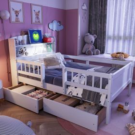 Wood Twin Size Platform Bed with Built-in LED Light, Multi-functional Headboard, Guardrail and 2 Drawers, White