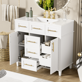 36" White Bathroom Vanity Cabinet with Versatile Storage - 4 Soft Close Drawers 1 Adjustable Shelf, 2 Soft Close Doors