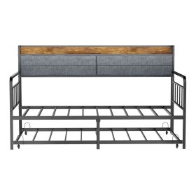 Modern Twin Size Daybed with Trundle,Upholstered Storage Headboard and Charging Station, Sturdy Metal Bedframe,Black