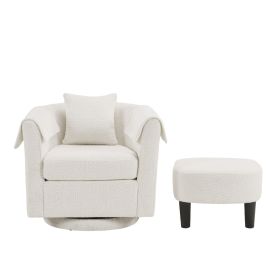 Swivel Accent Chair with Ottoman Set, Modern Chenille Barrel Armchair with Removable Back Pillow & 2 Armrest Covers for Living Room, Bedroom, Off